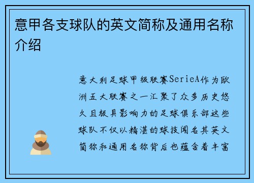 意甲各支球队的英文简称及通用名称介绍