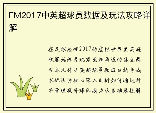 FM2017中英超球员数据及玩法攻略详解