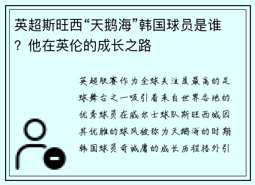 英超斯旺西“天鹅海”韩国球员是谁？他在英伦的成长之路